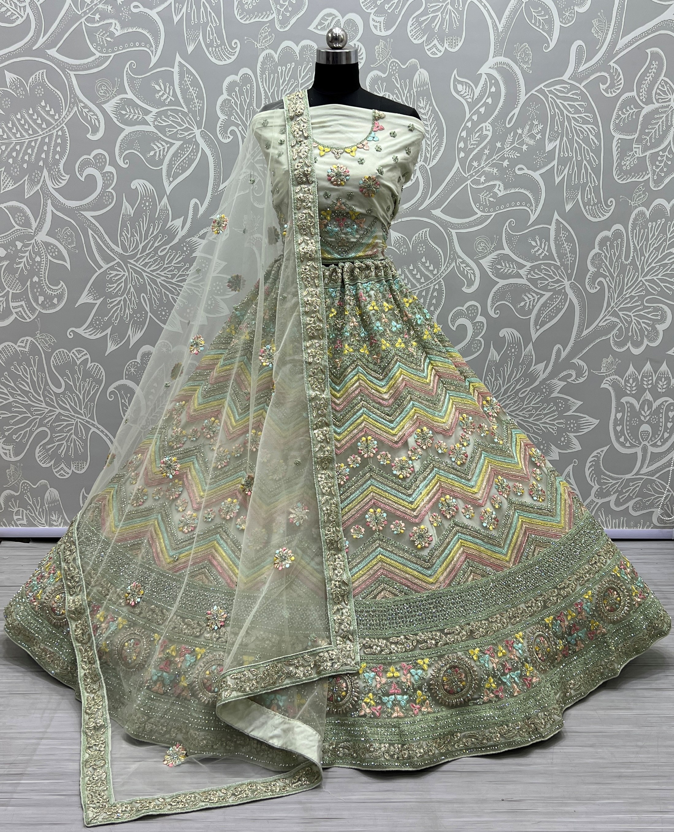 Pista Thread embroidered combine with zari work lehenga choli 